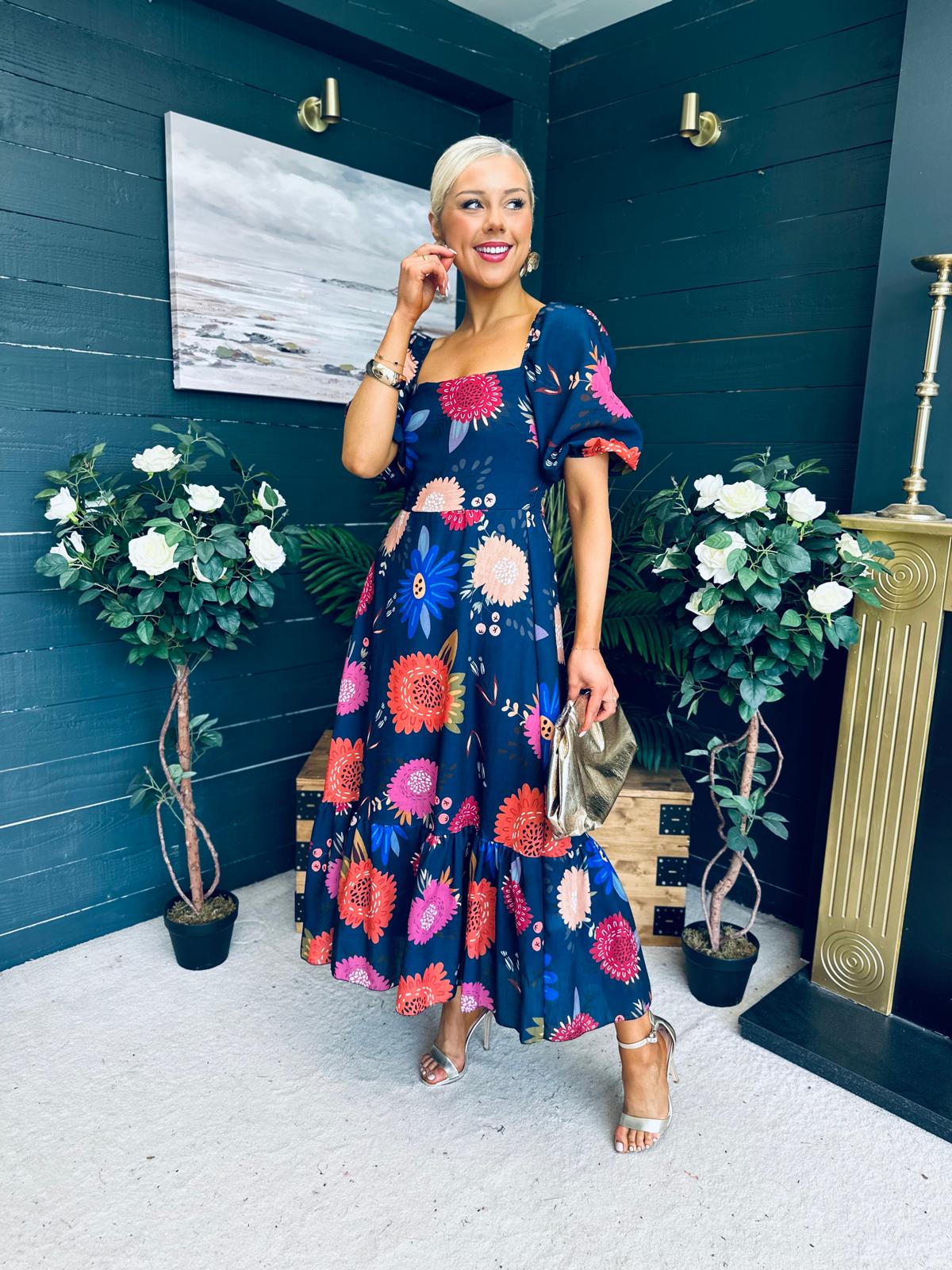 Davina Puff Sleeve Midi Dress Navy