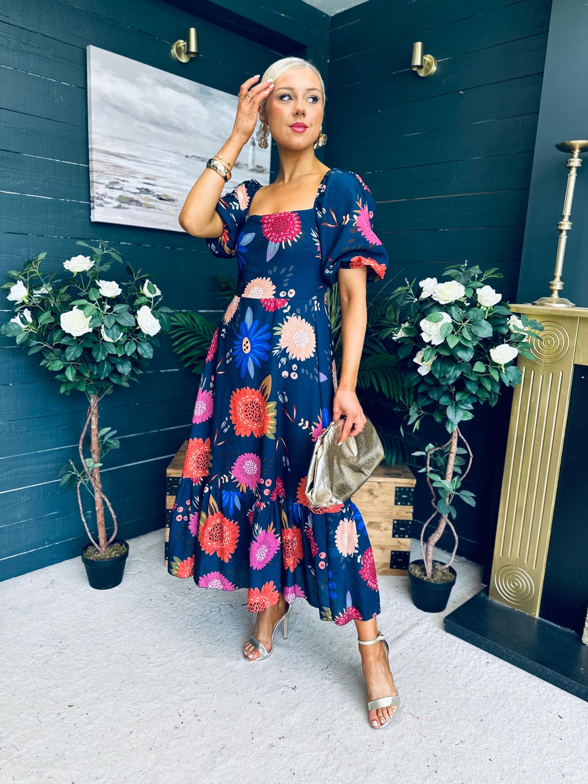 Davina Puff Sleeve Midi Dress Navy
