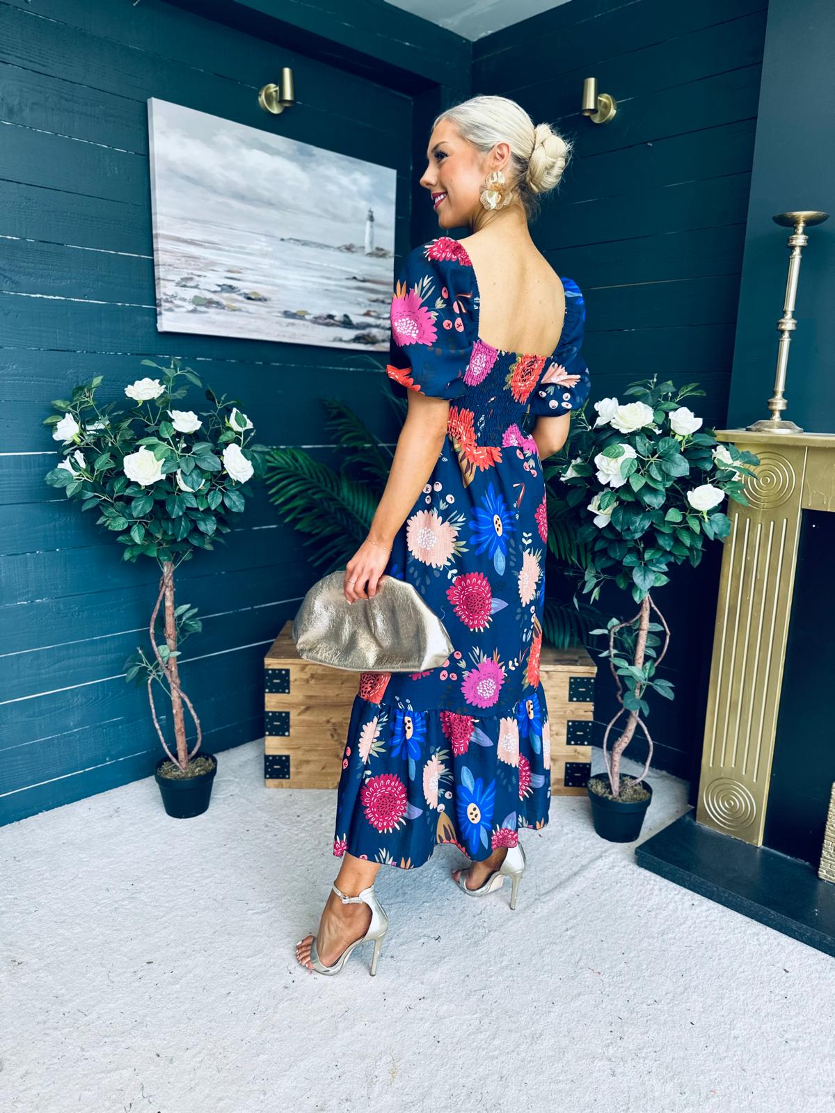 Davina Puff Sleeve Midi Dress Navy