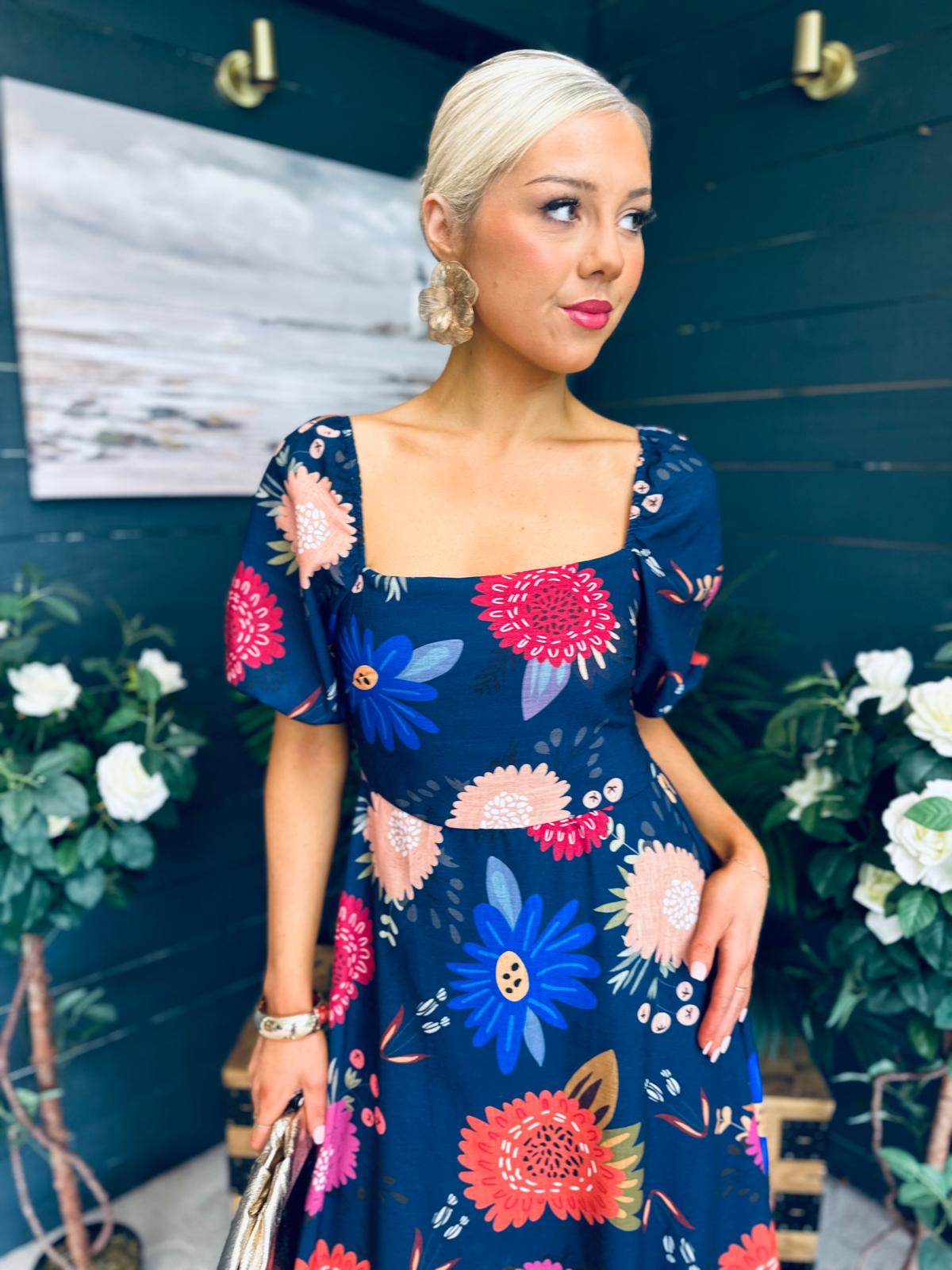 Davina Puff Sleeve Midi Dress Navy