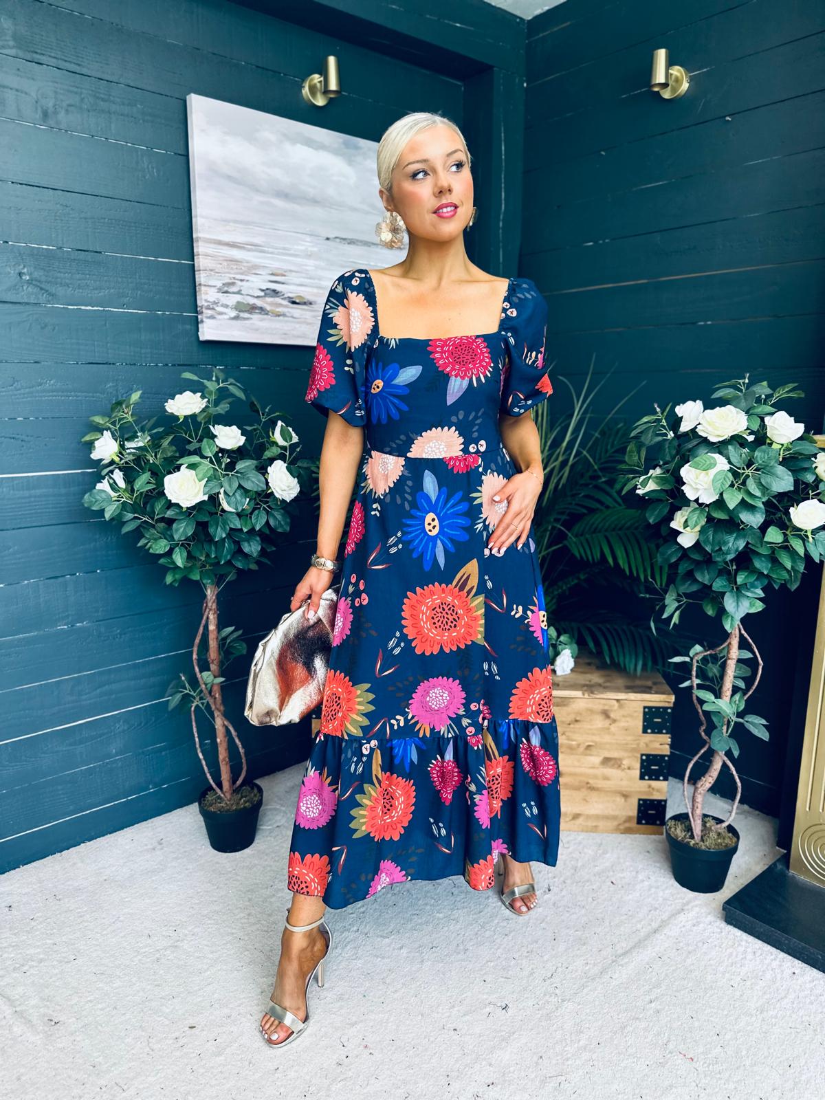 Davina Puff Sleeve Midi Dress Navy