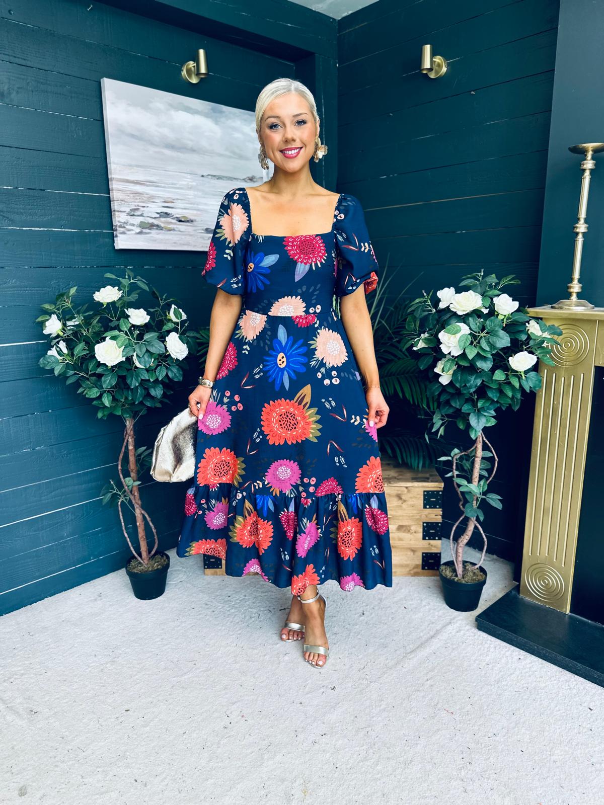 Davina Puff Sleeve Midi Dress Navy