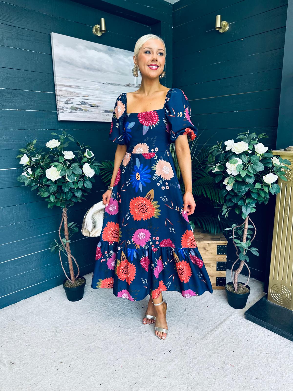 Davina Puff Sleeve Midi Dress Navy