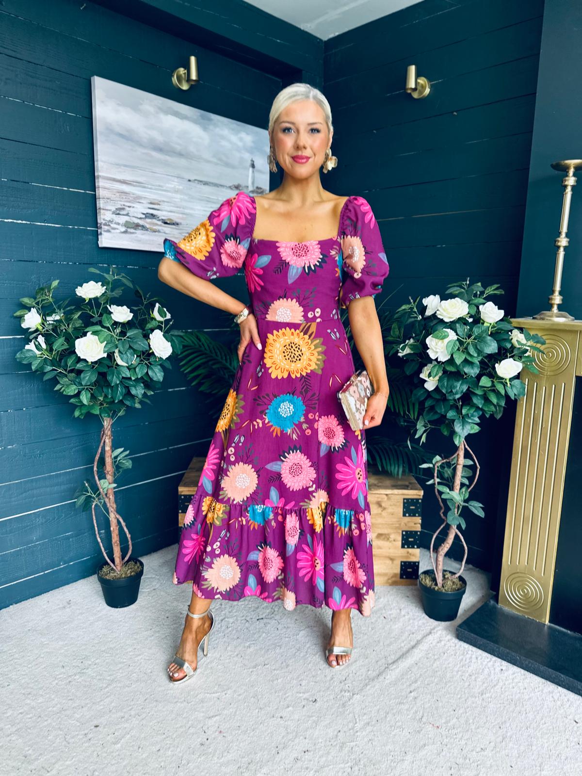 Davina Puff Sleeve Midi Dress Berry