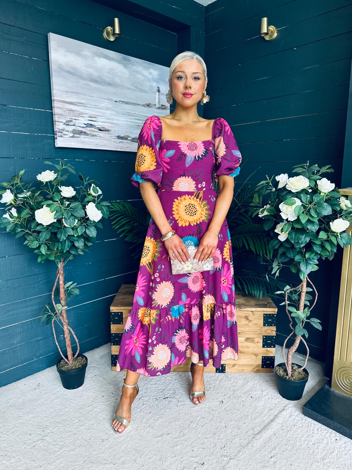 Davina Puff Sleeve Midi Dress Berry