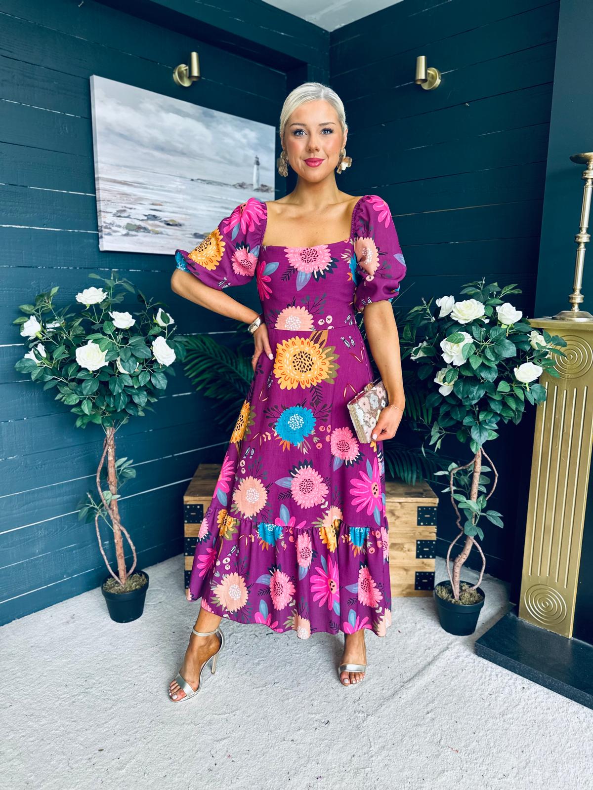 Davina Puff Sleeve Midi Dress Berry