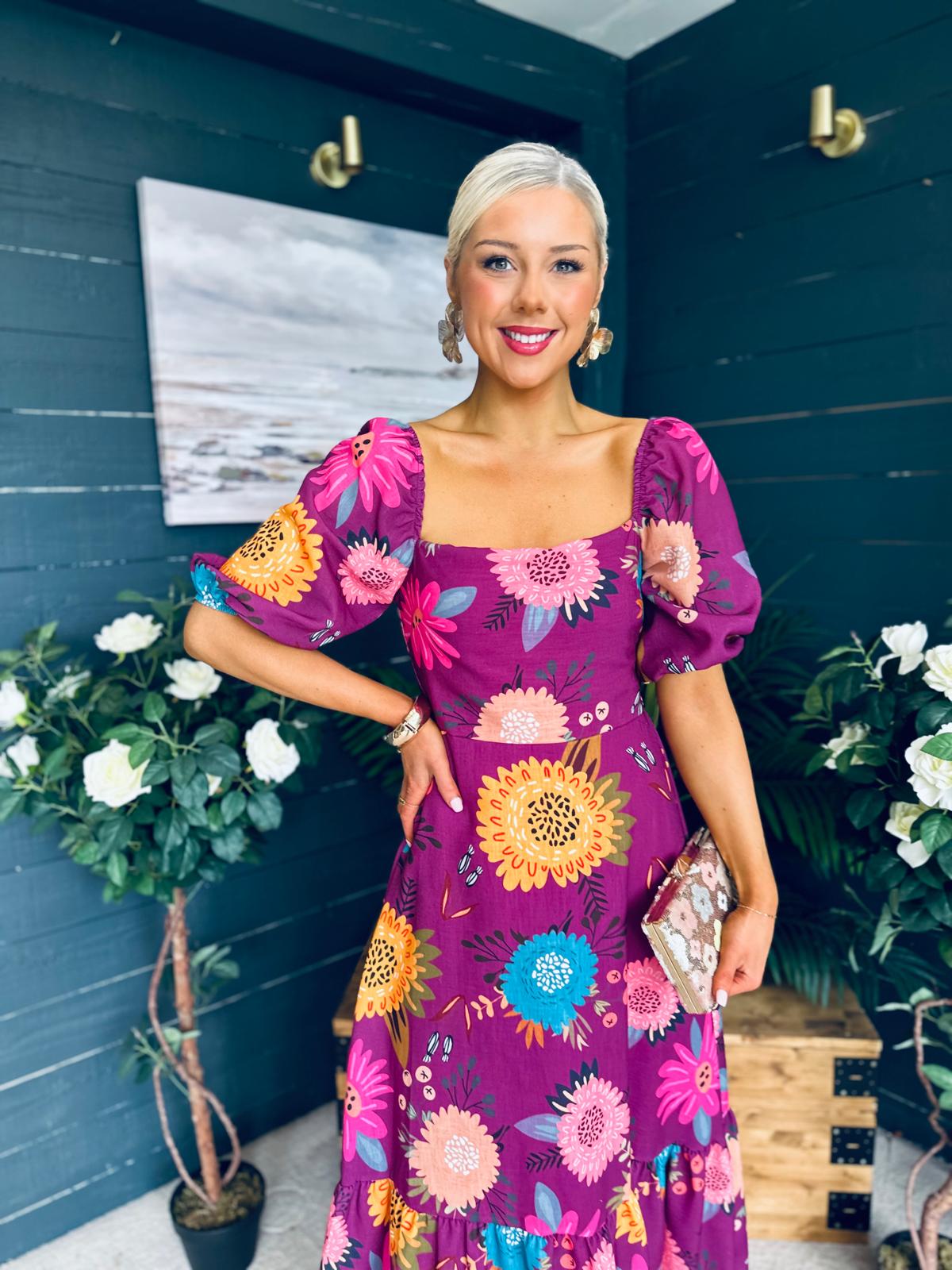Davina Puff Sleeve Midi Dress Berry