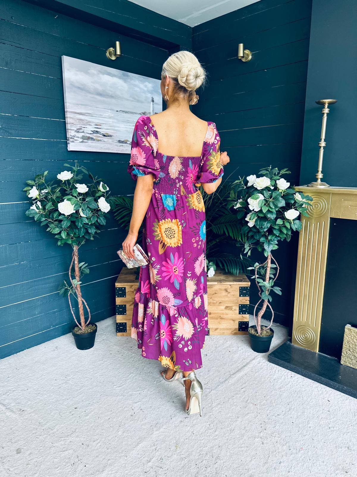 Davina Puff Sleeve Midi Dress Berry