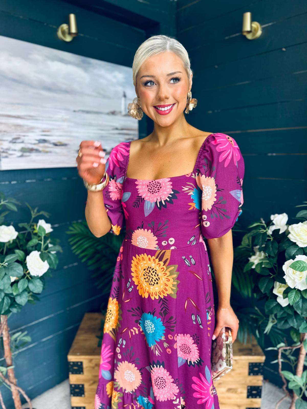 Davina Puff Sleeve Midi Dress Berry