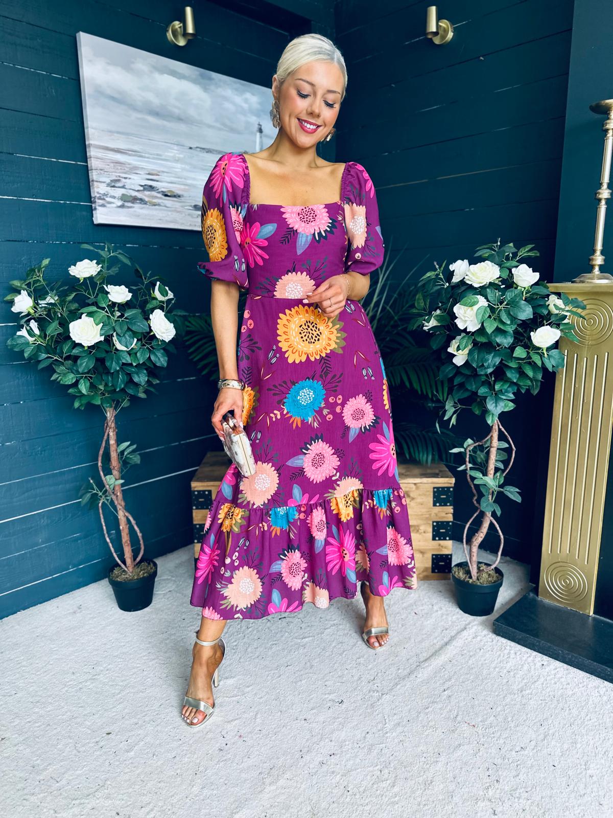 Davina Puff Sleeve Midi Dress Berry