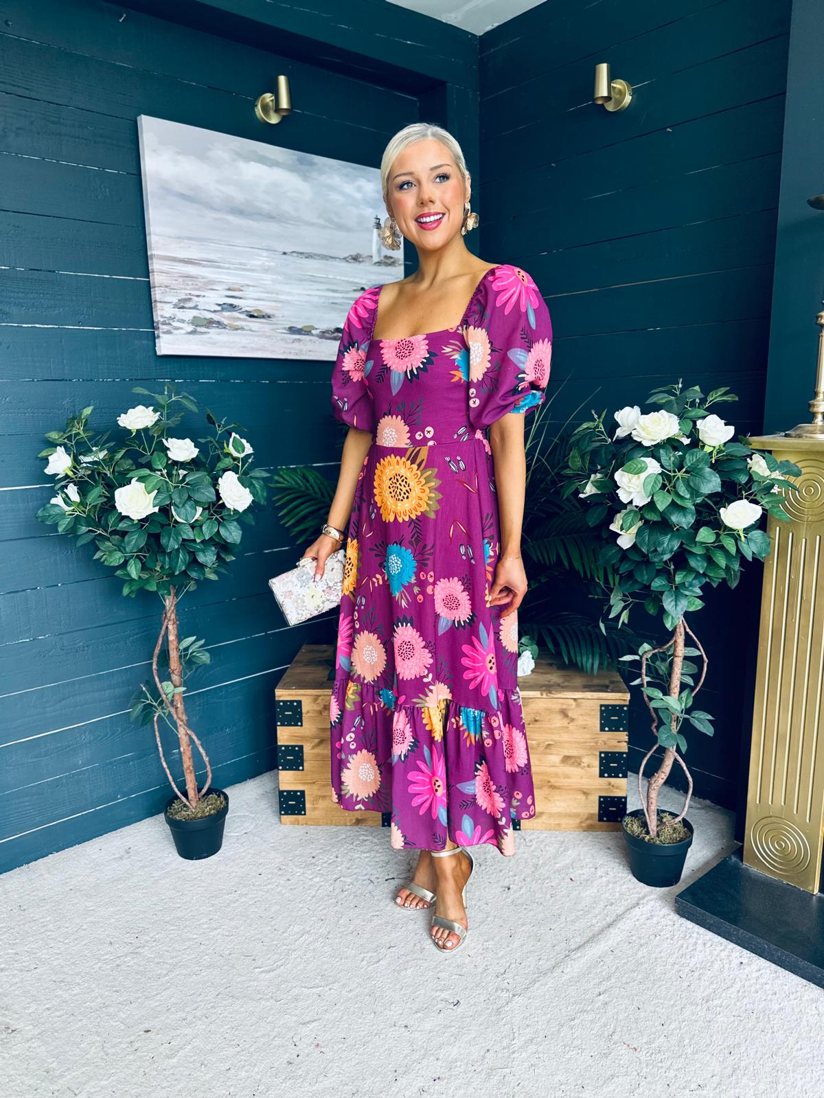 Davina Puff Sleeve Midi Dress Berry