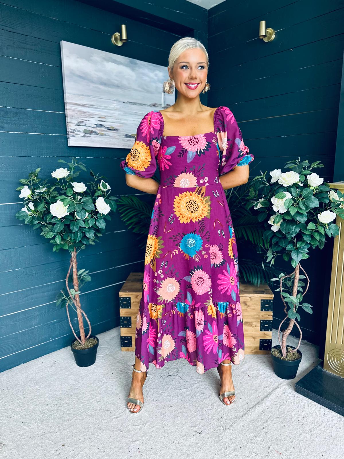 Davina Puff Sleeve Midi Dress Berry