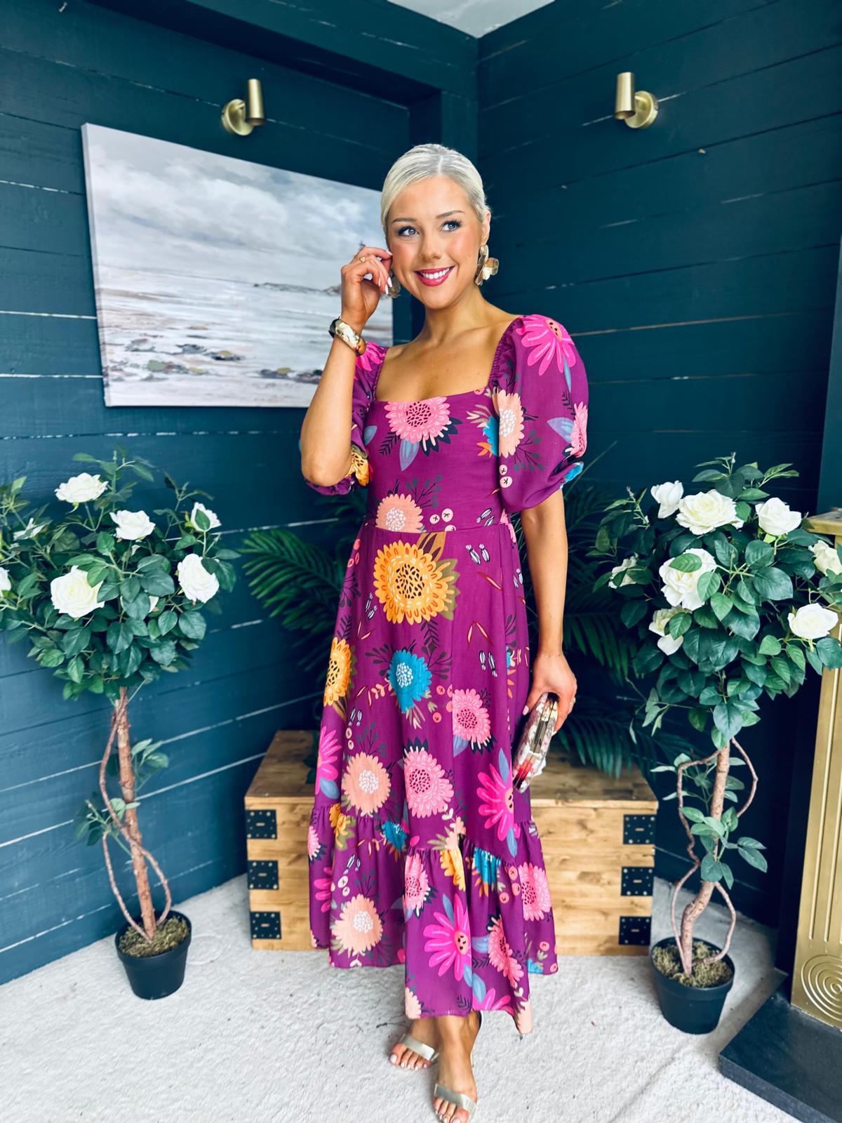 Davina Puff Sleeve Midi Dress Berry