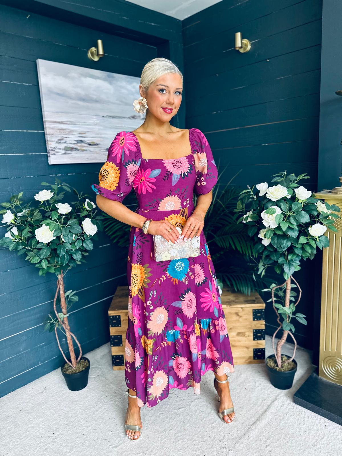 Davina Puff Sleeve Midi Dress Berry