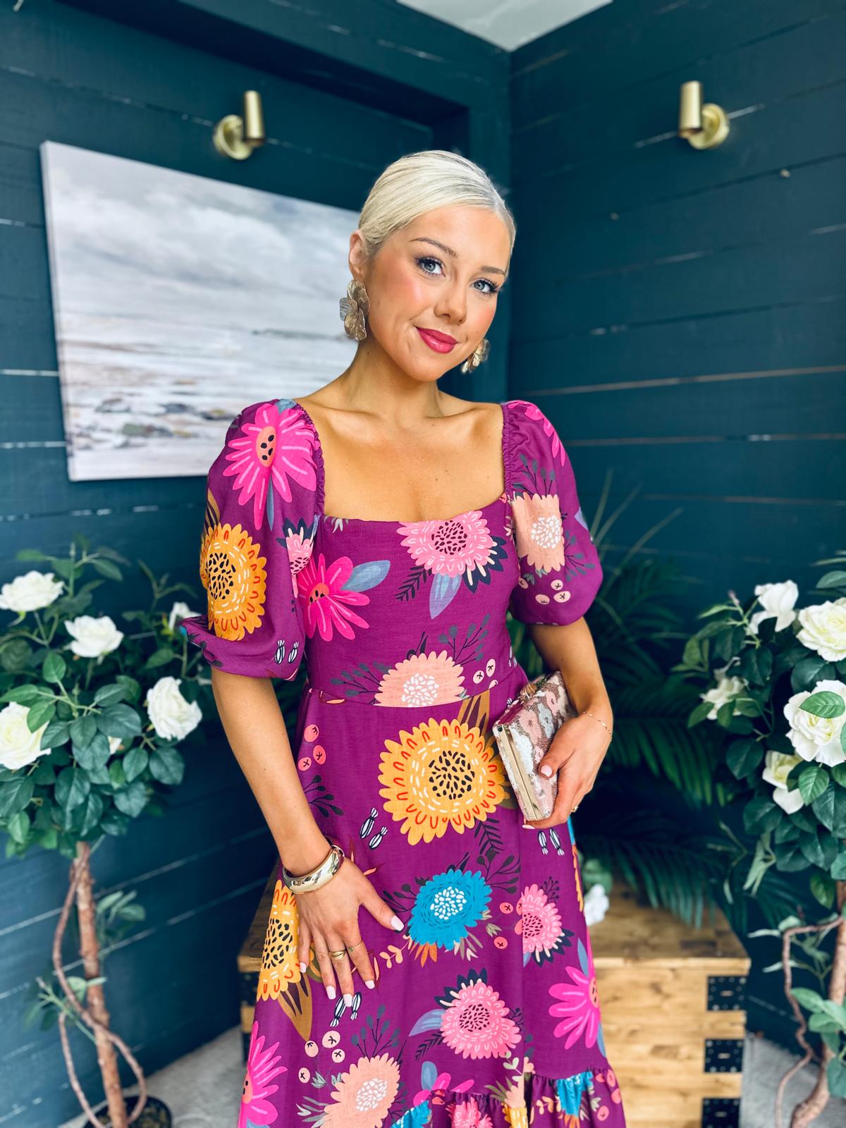 Davina Puff Sleeve Midi Dress Berry