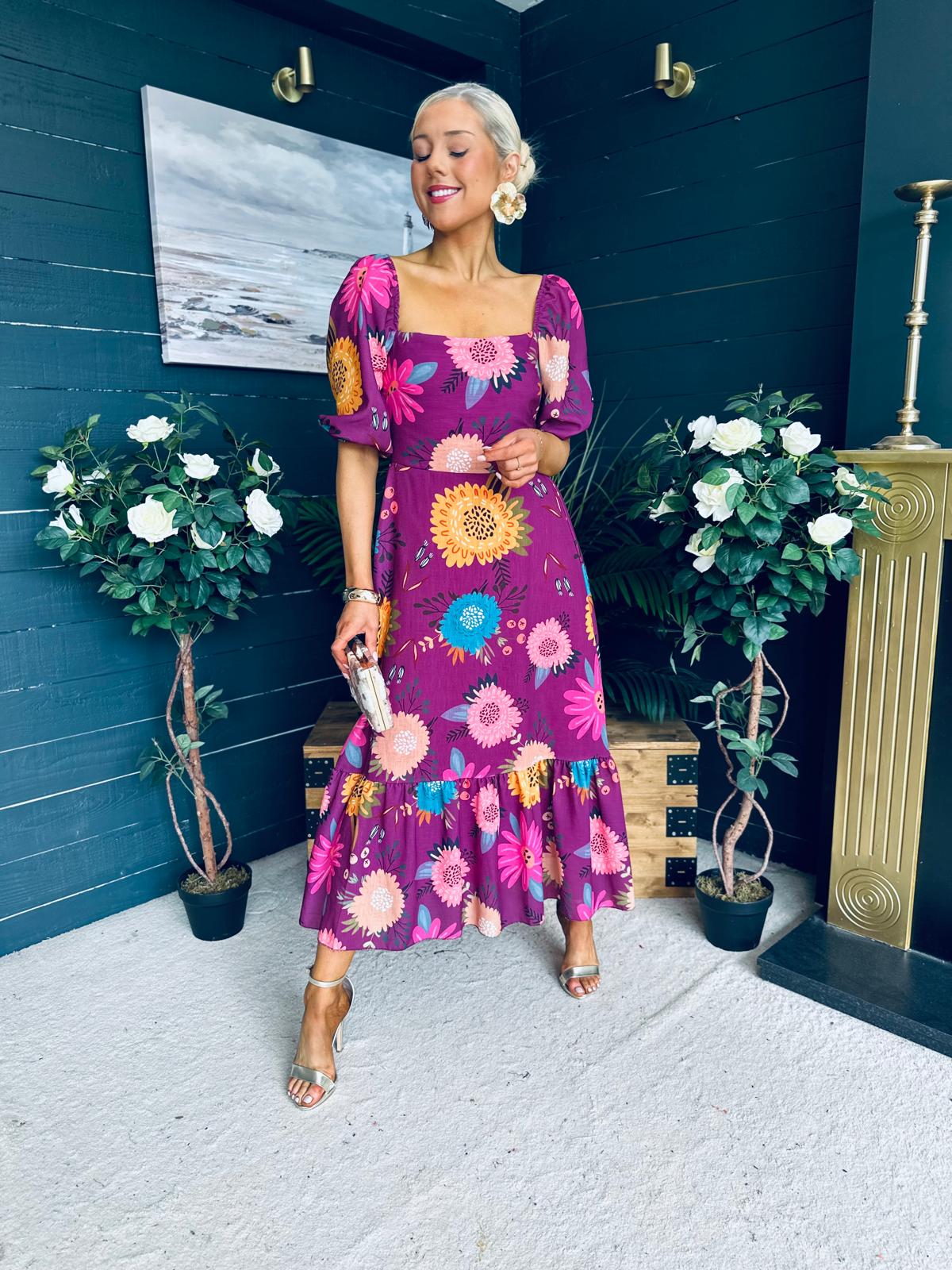 Davina Puff Sleeve Midi Dress Berry