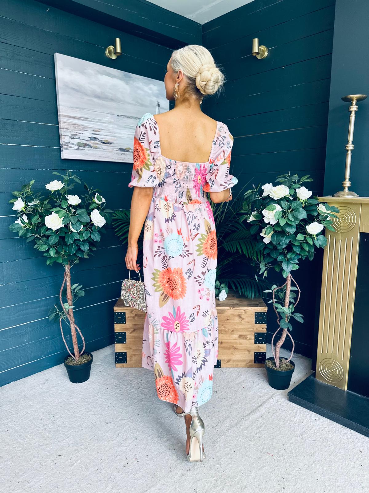 Davina Puff Sleeve Midi Dress Blush