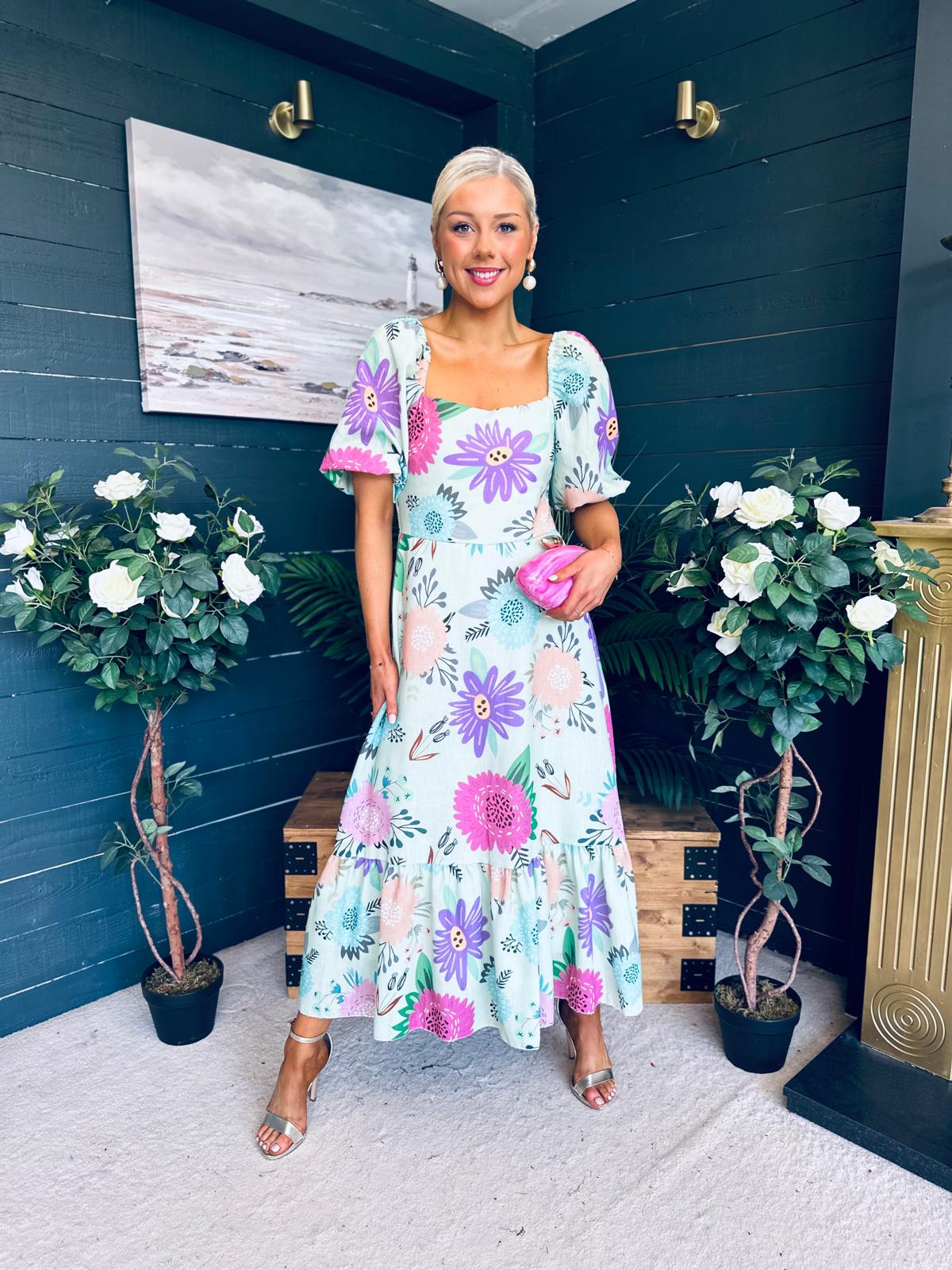 Davina Puff Sleeve Midi Dress Mint
