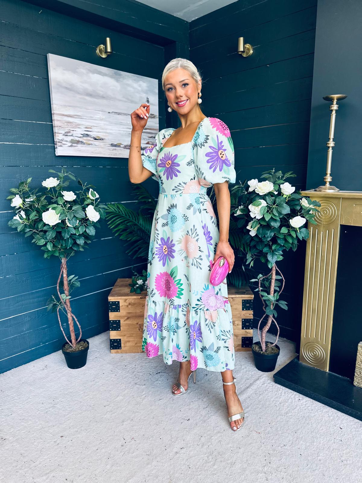 Davina Puff Sleeve Midi Dress Mint