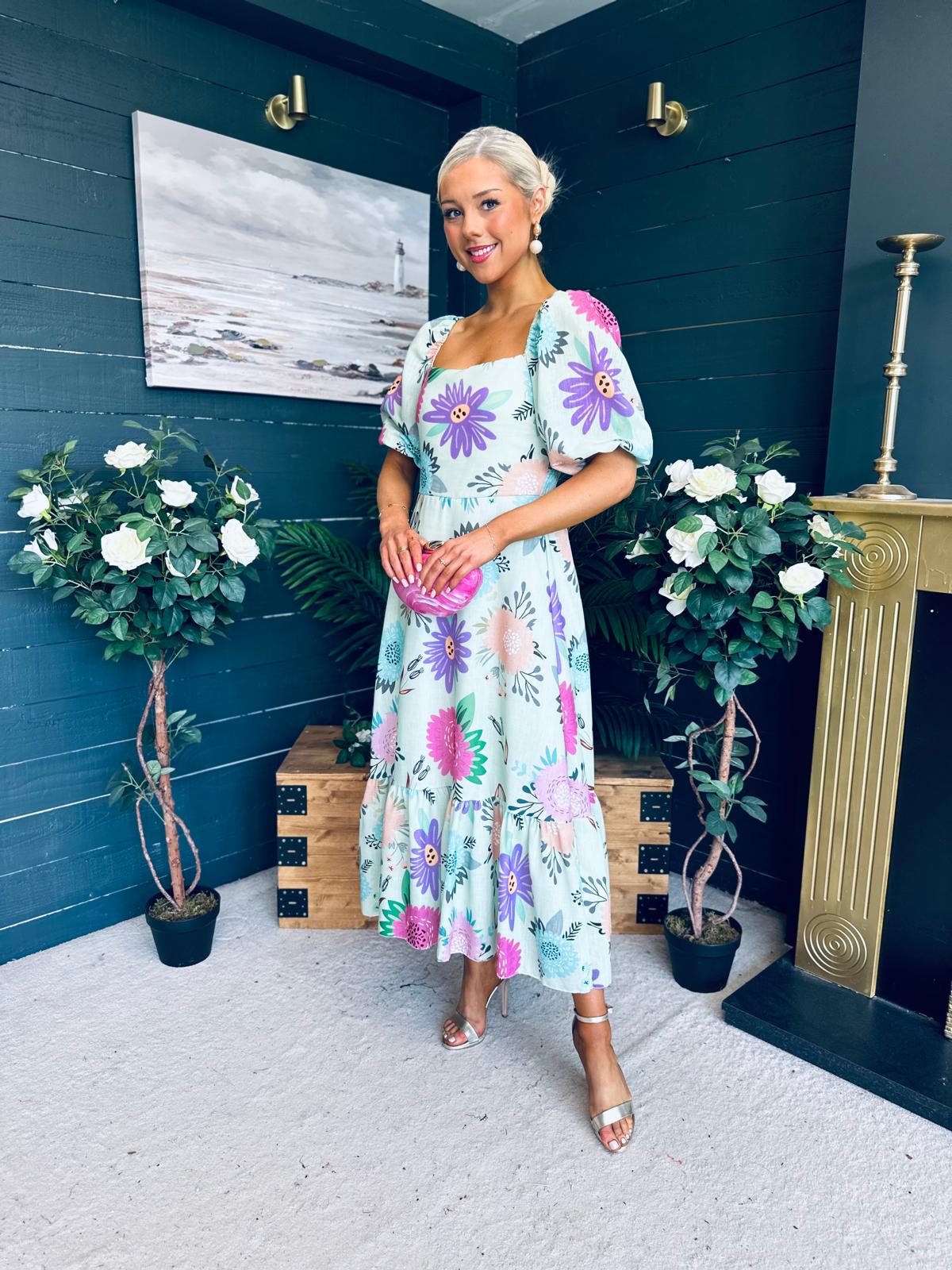 Davina Puff Sleeve Midi Dress Mint
