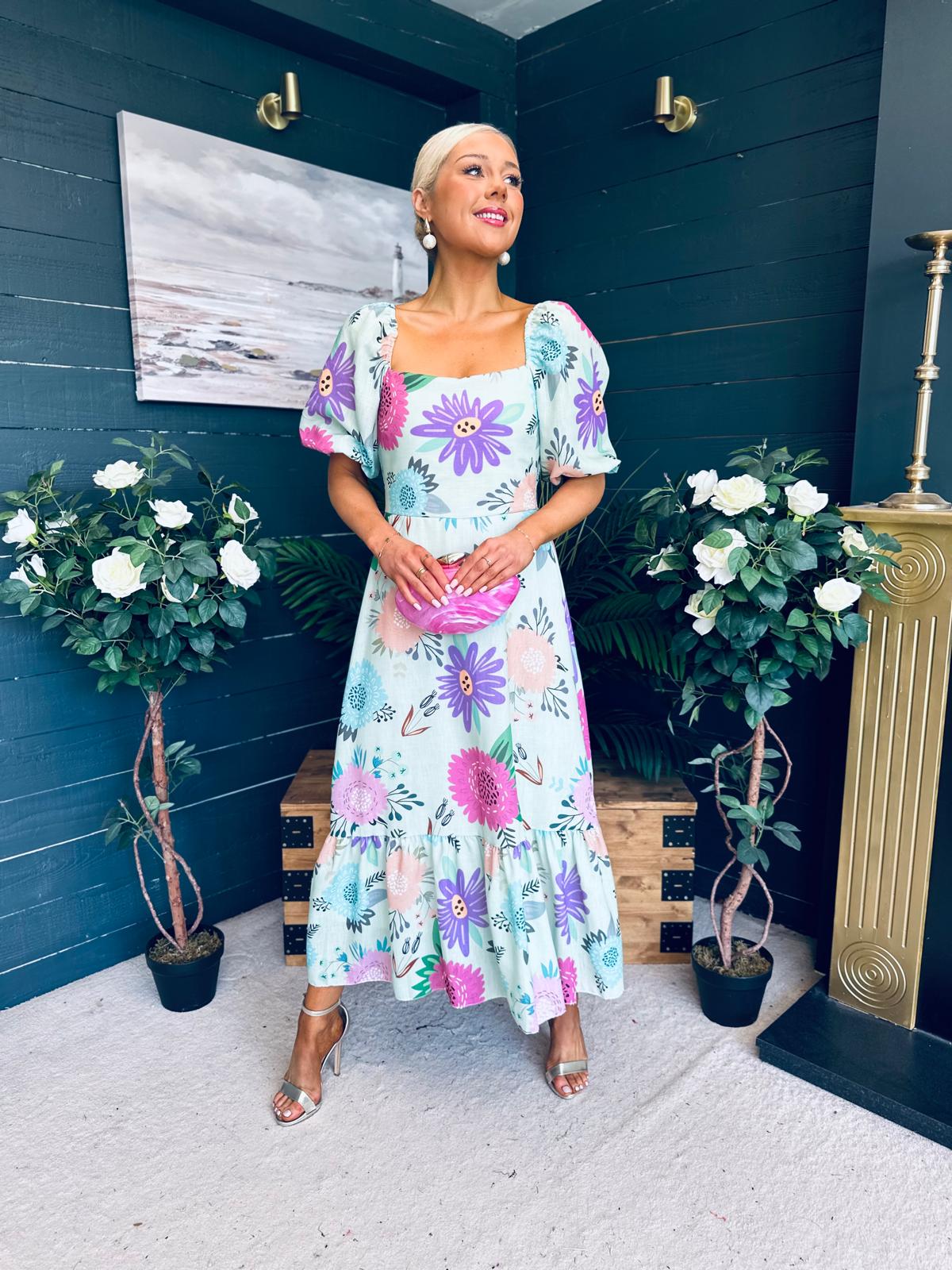 Davina Puff Sleeve Midi Dress Mint