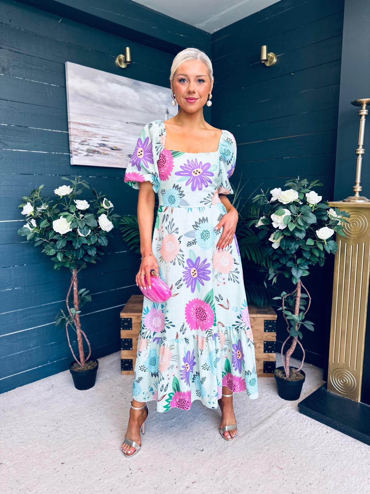 Davina Puff Sleeve Midi Dress Mint