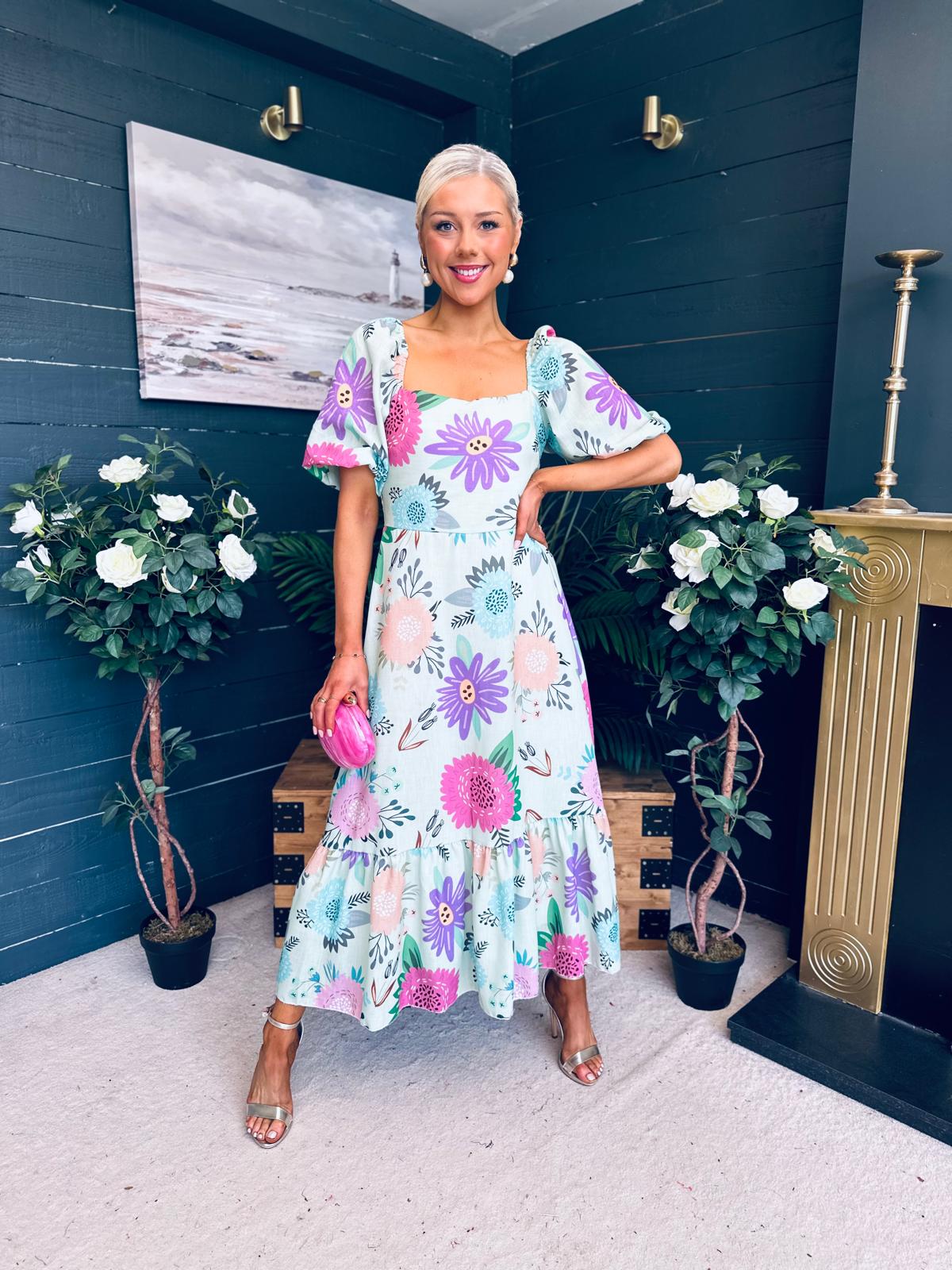 Davina Puff Sleeve Midi Dress Mint