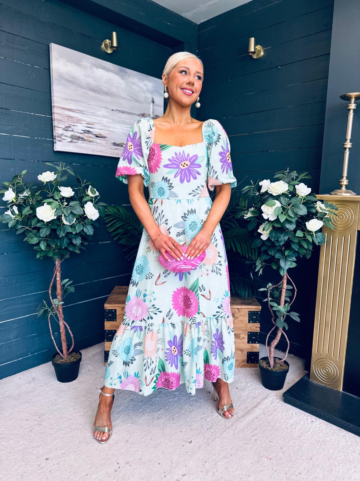 Davina Puff Sleeve Midi Dress Mint
