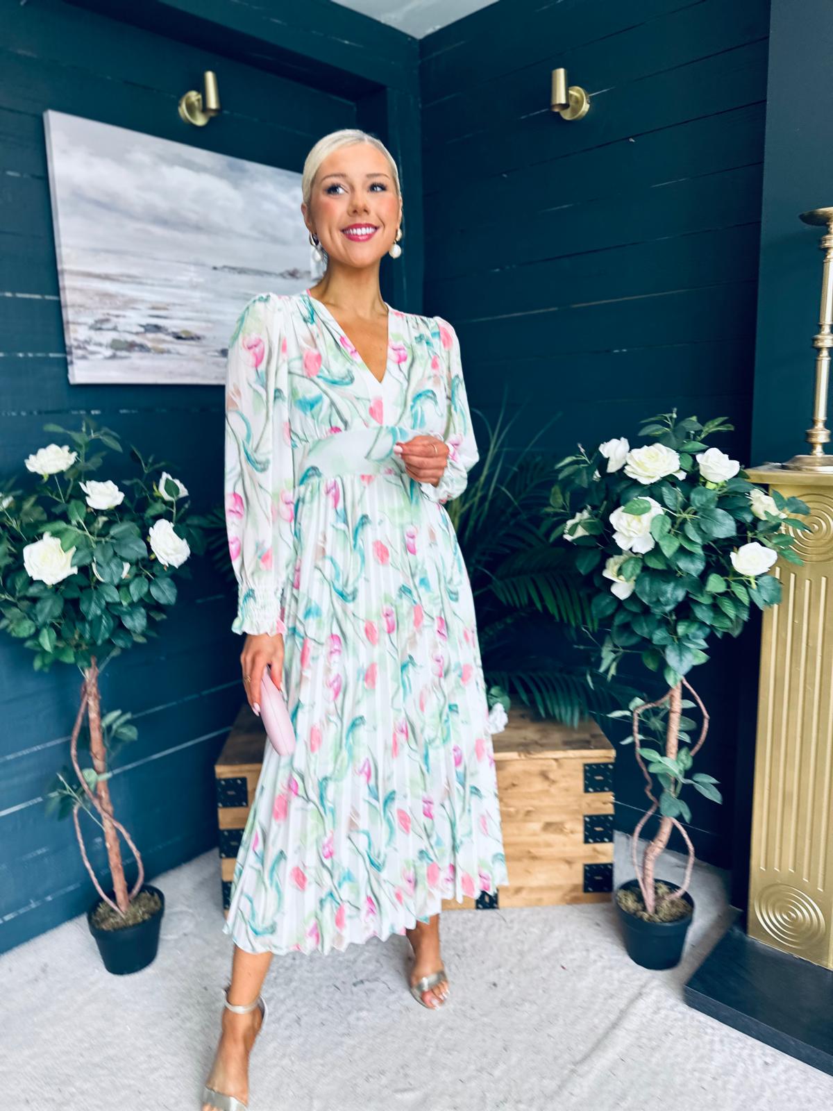 Judith Pleated Midi Dress Floral Green