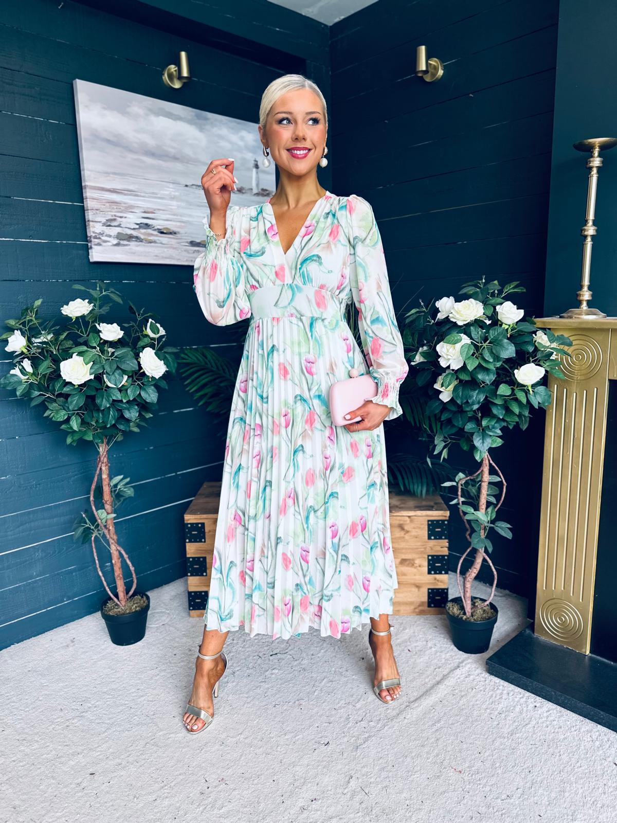 Judith Pleated Midi Dress Floral Green