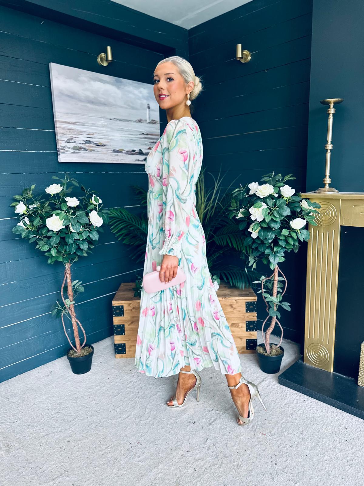 Judith Pleated Midi Dress Floral Green
