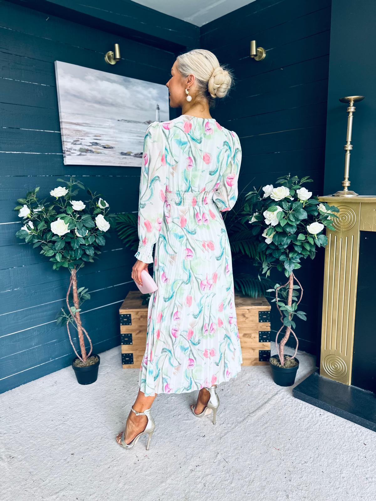 Judith Pleated Midi Dress Floral Green