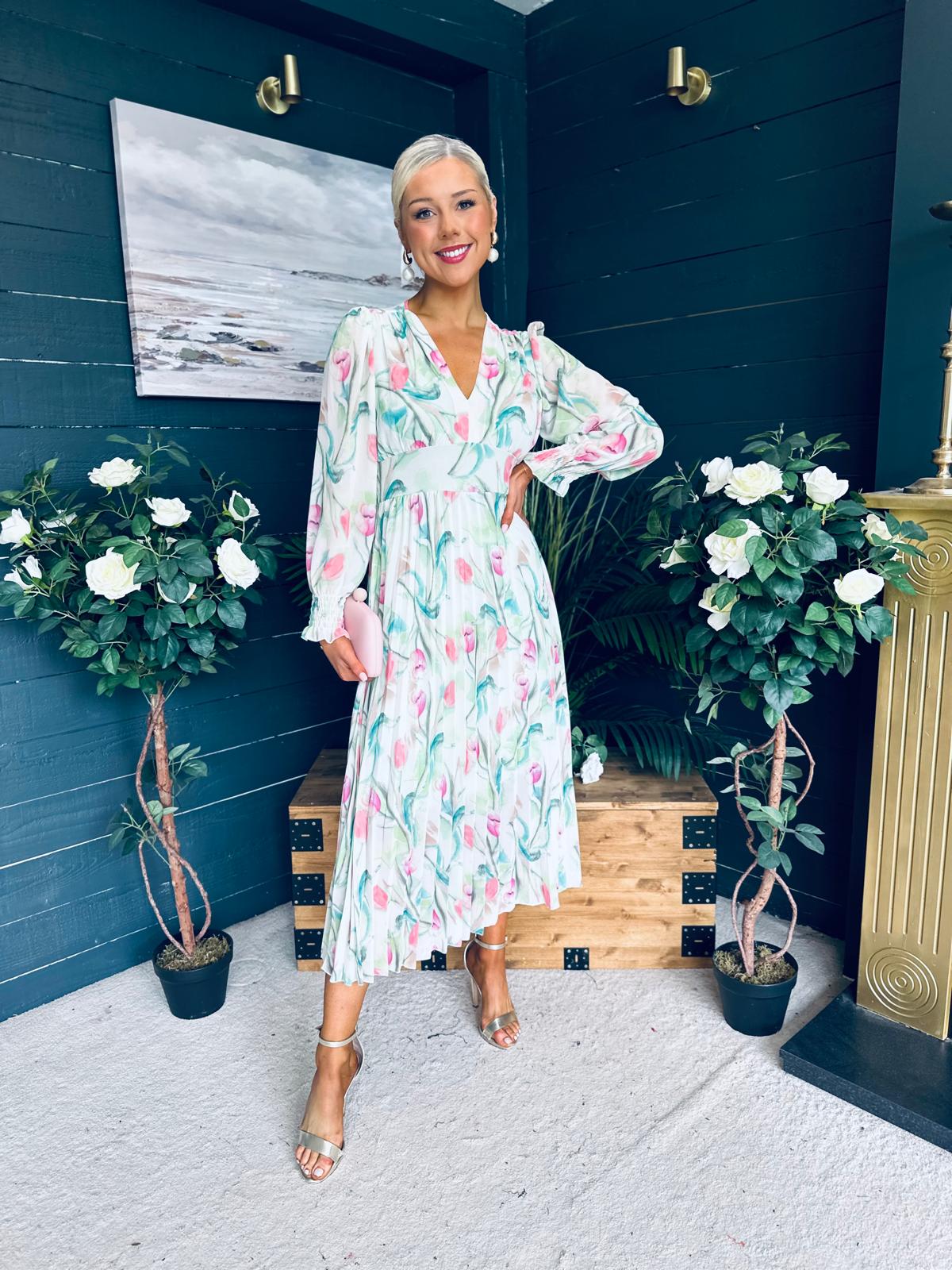 Judith Pleated Midi Dress Floral Green