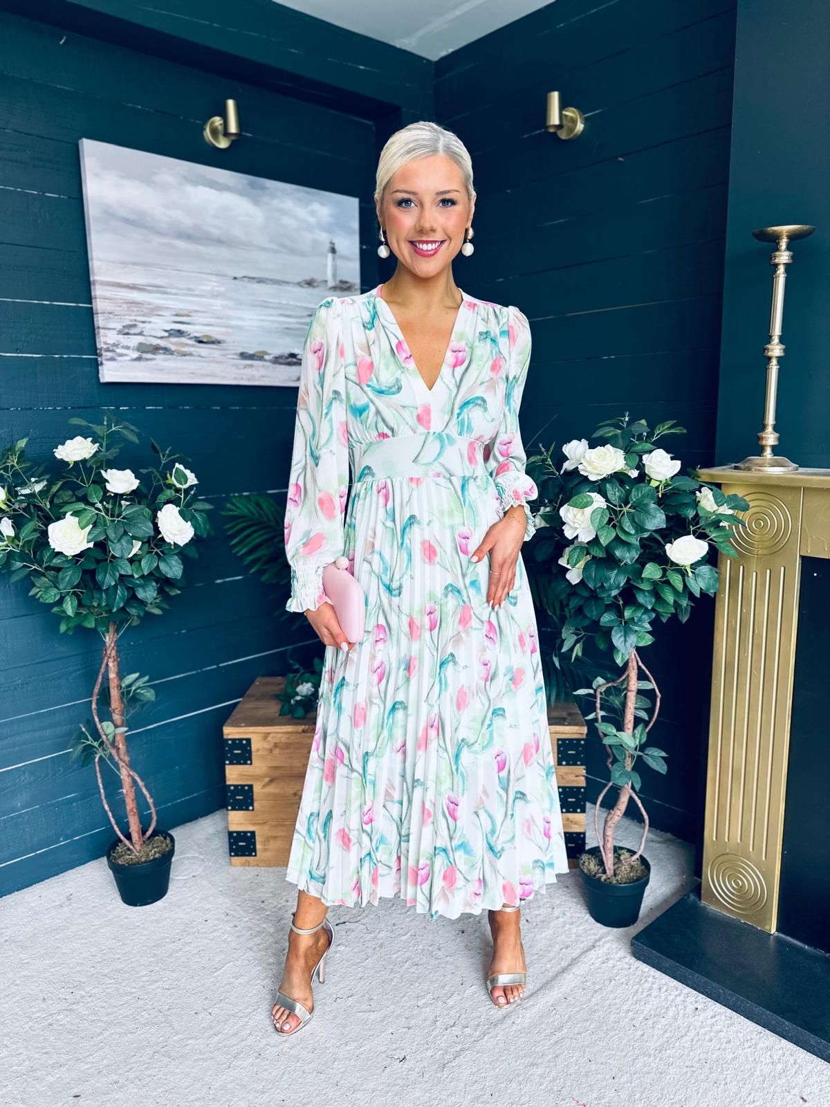 Judith Pleated Midi Dress Floral Green