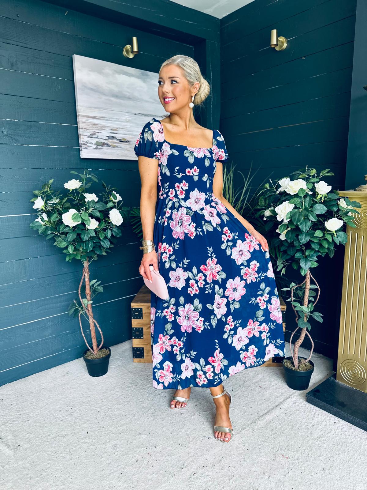 Dione Banded Midi Dress Floral Navy