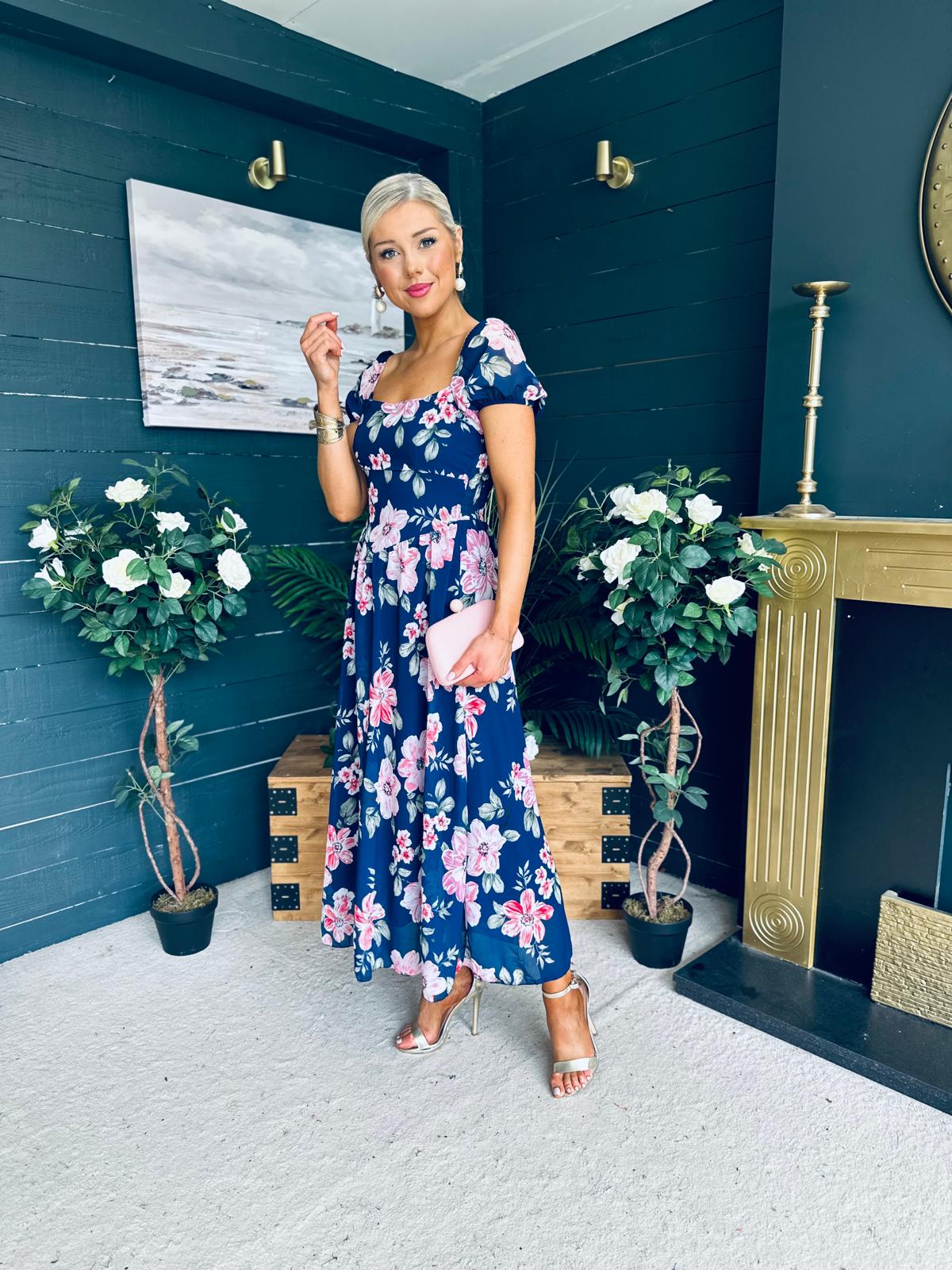 Dione Banded Midi Dress Floral Navy