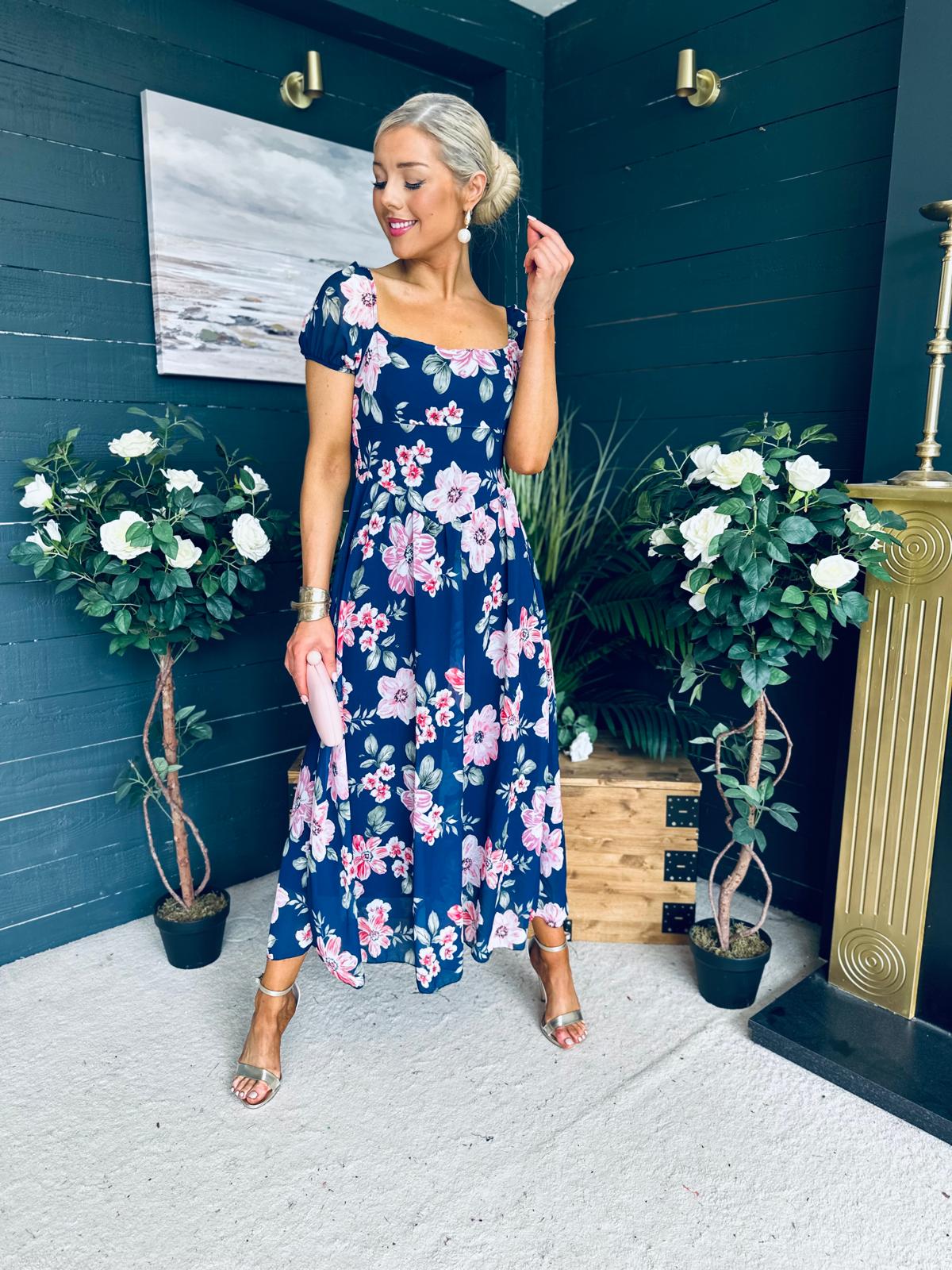 Dione Banded Midi Dress Floral Navy