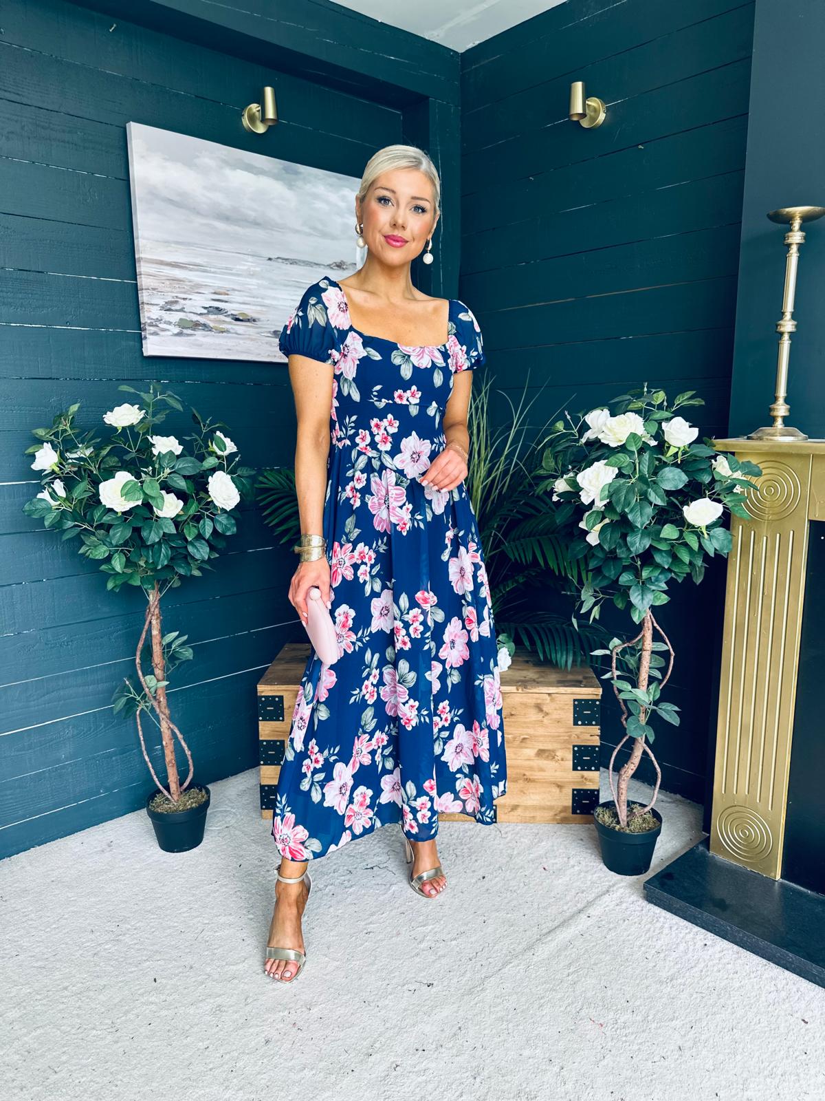Dione Banded Midi Dress Floral Navy