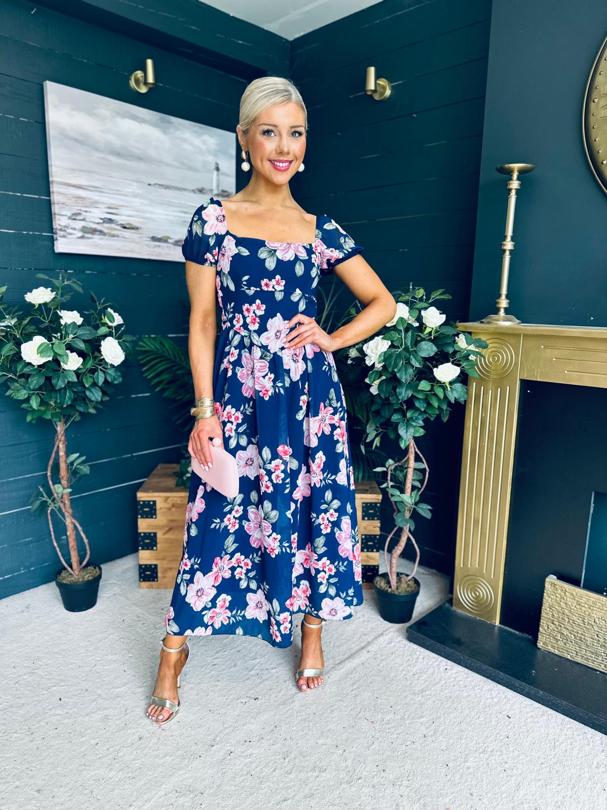 Dione Banded Midi Dress Floral Navy