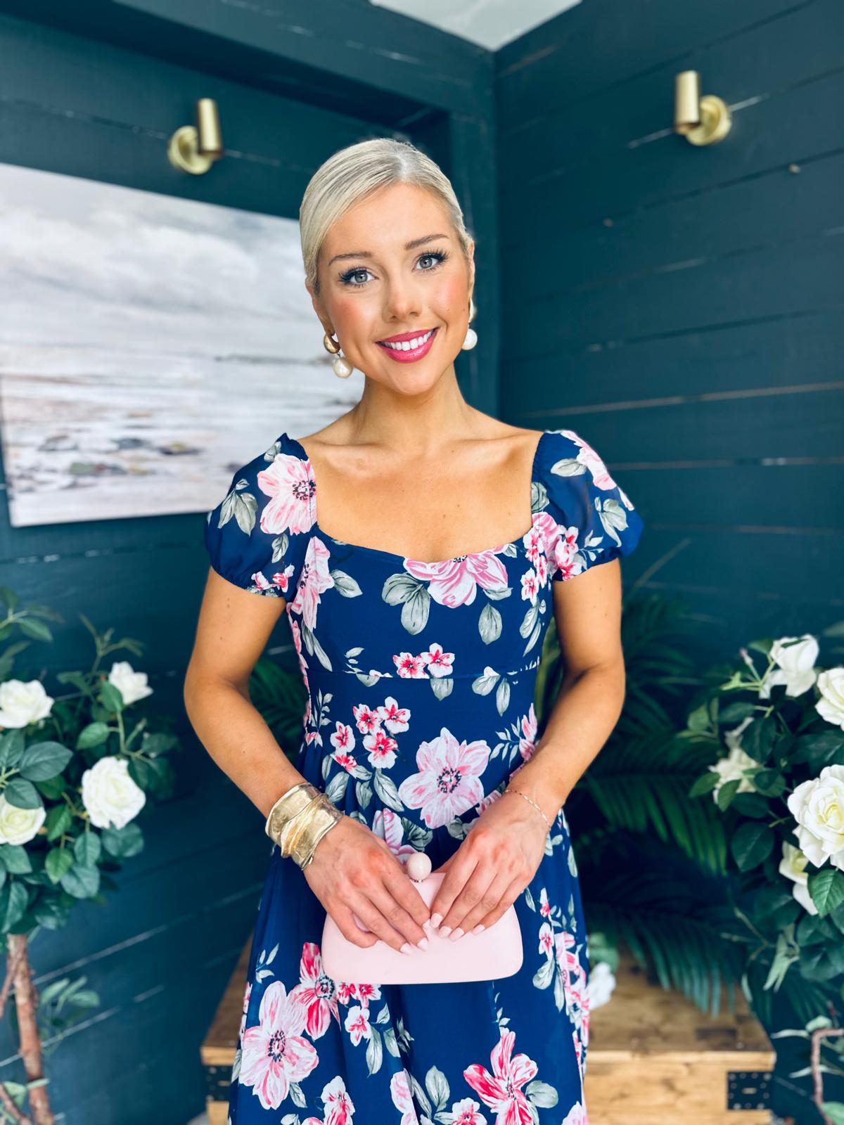 Dione Banded Midi Dress Floral Navy