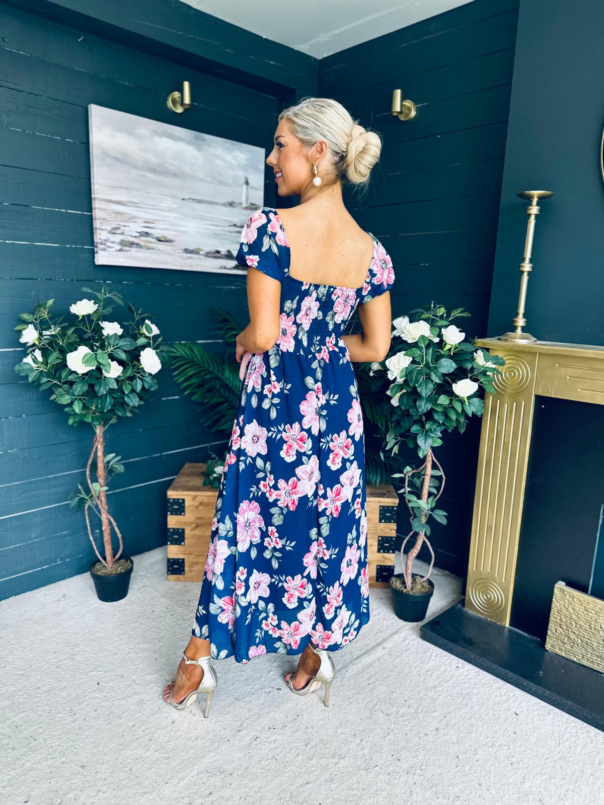 Dione Banded Midi Dress Floral Navy