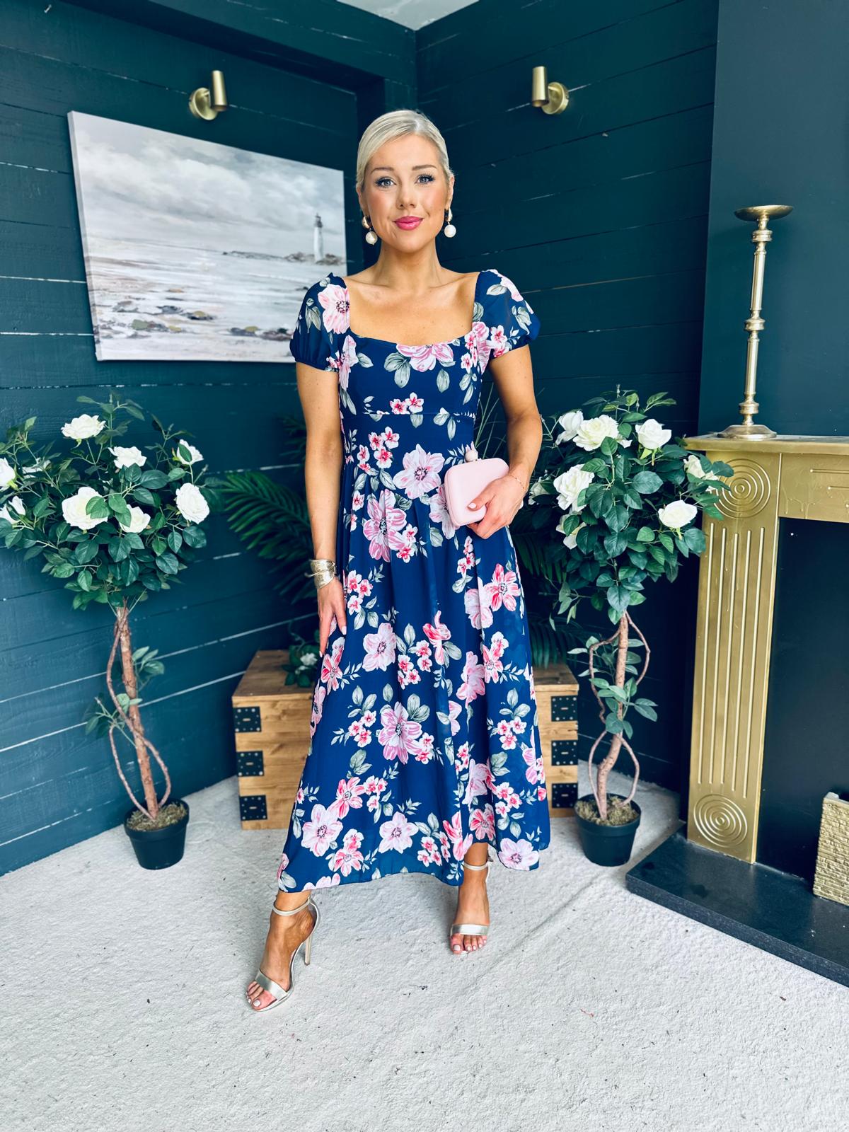 Dione Banded Midi Dress Floral Navy