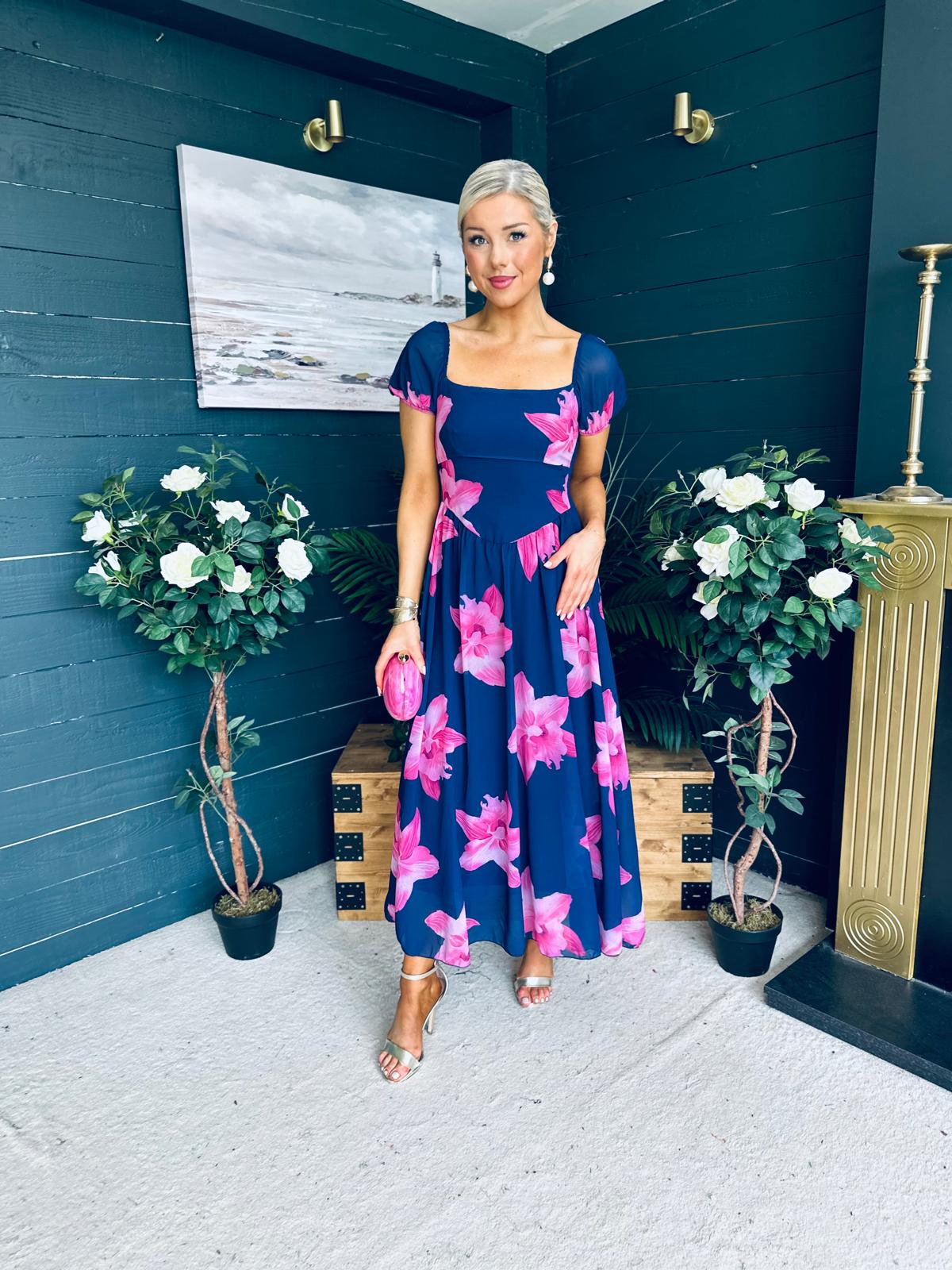 Dione Banded Midi Dress Floral Navy/Pink