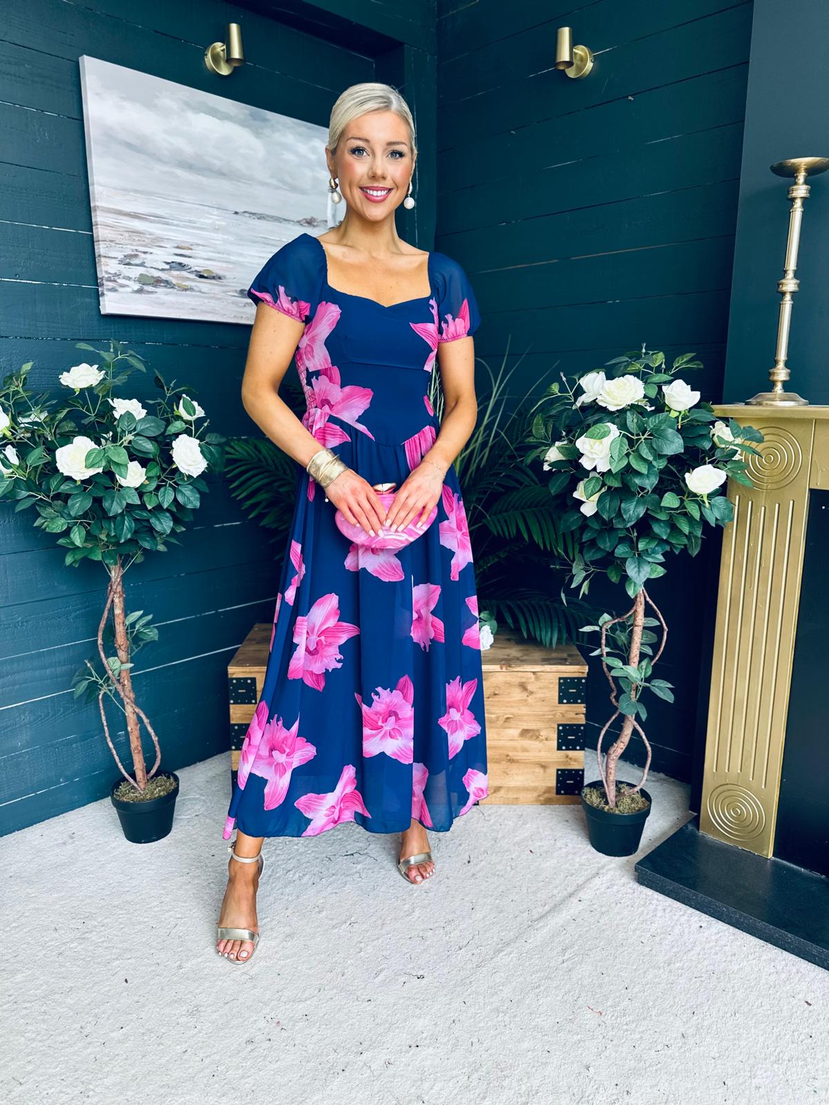 Dione Banded Midi Dress Floral Navy/Pink