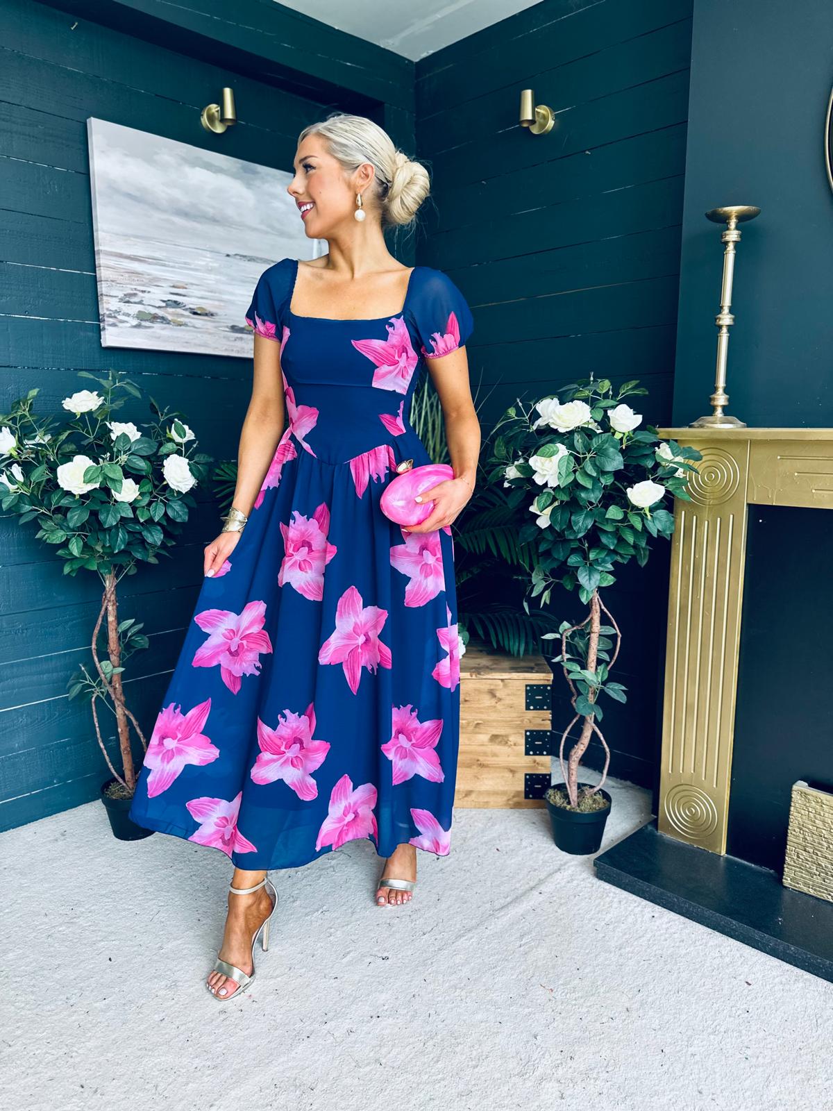 Dione Banded Midi Dress Floral Navy/Pink