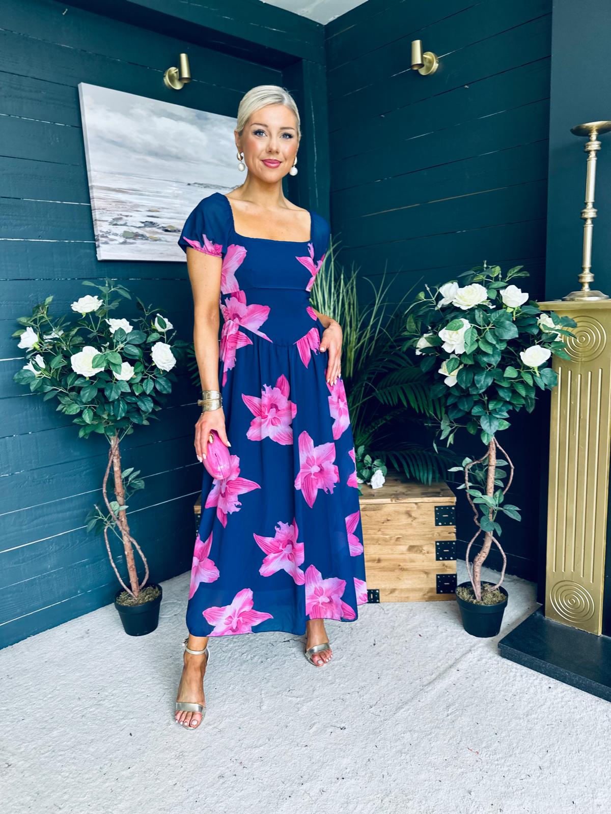 Dione Banded Midi Dress Floral Navy/Pink