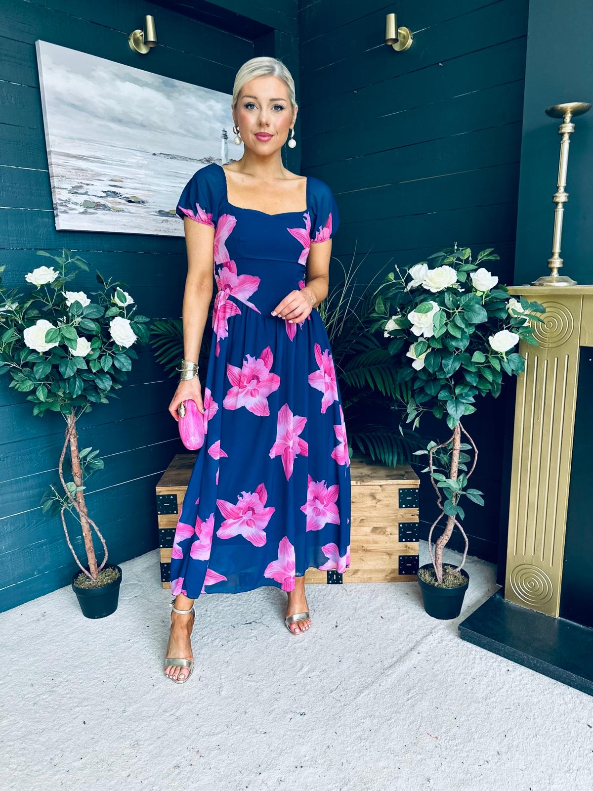 Dione Banded Midi Dress Floral Navy/Pink