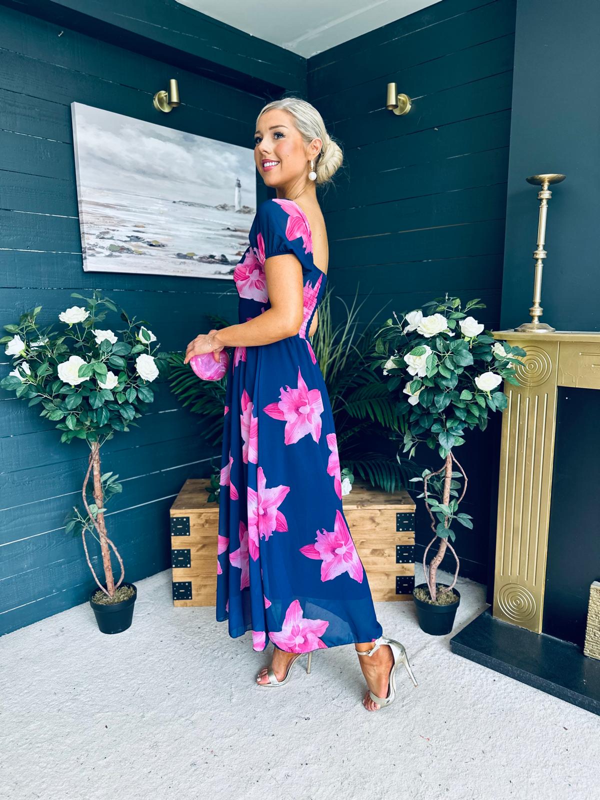 Dione Banded Midi Dress Floral Navy/Pink