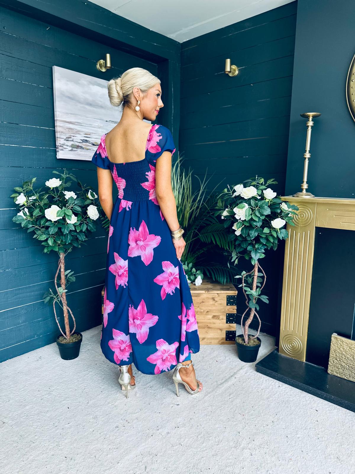 Dione Banded Midi Dress Floral Navy/Pink