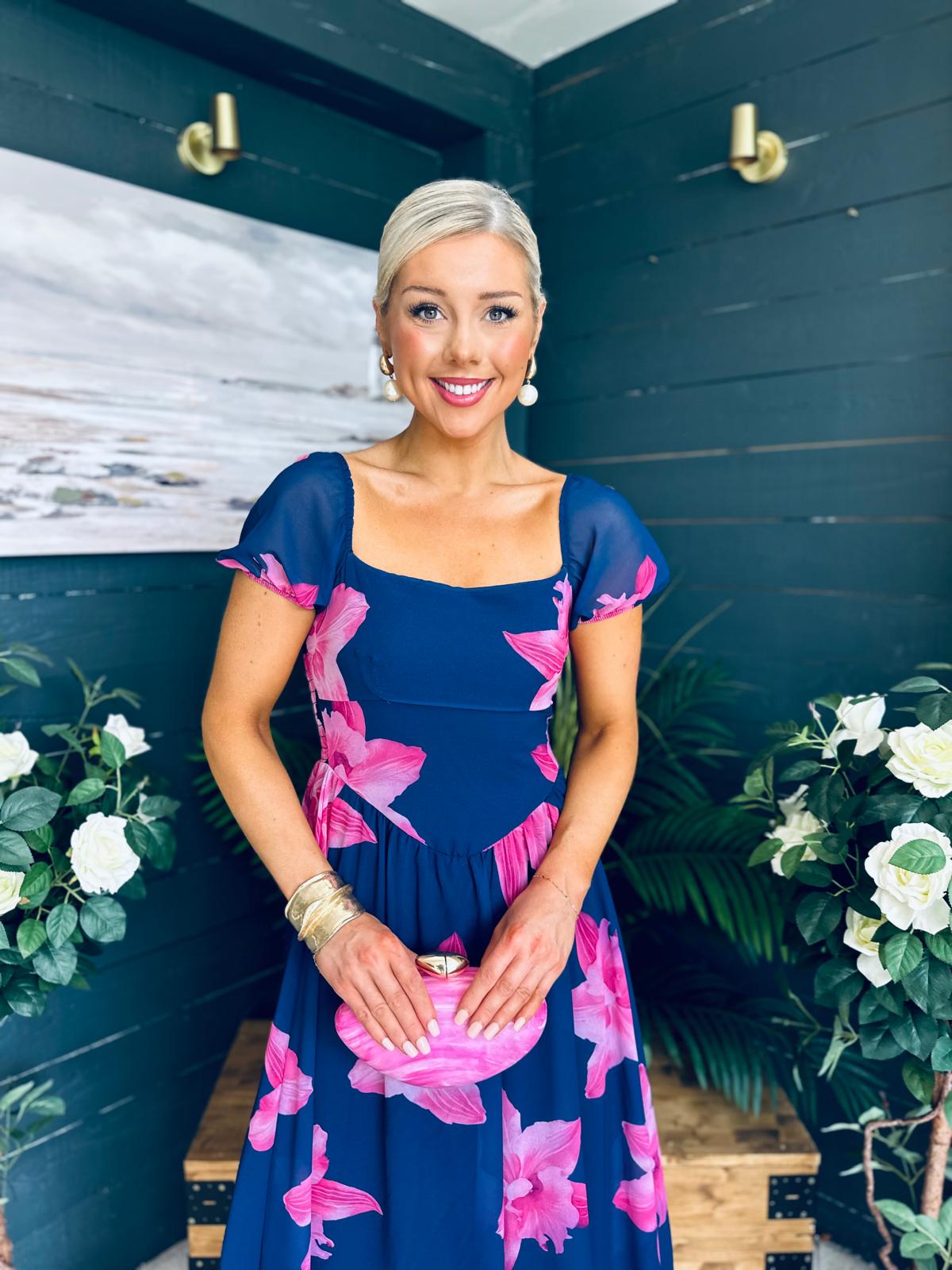 Dione Banded Midi Dress Floral Navy/Pink